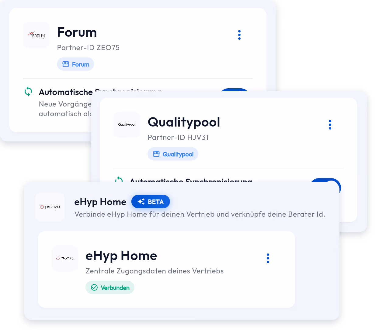HYPOFY Screenshot: Plattformzugänge zu Forum und Qualitypool mit automatischer Europace-Synchronisierung sowie eHyp Home.