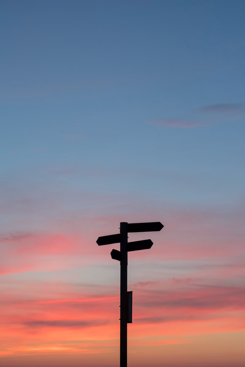 Wegweiser mit mehreren Richtungen bei Sonnenuntergang – Sinnbild für Vertriebskanäle
