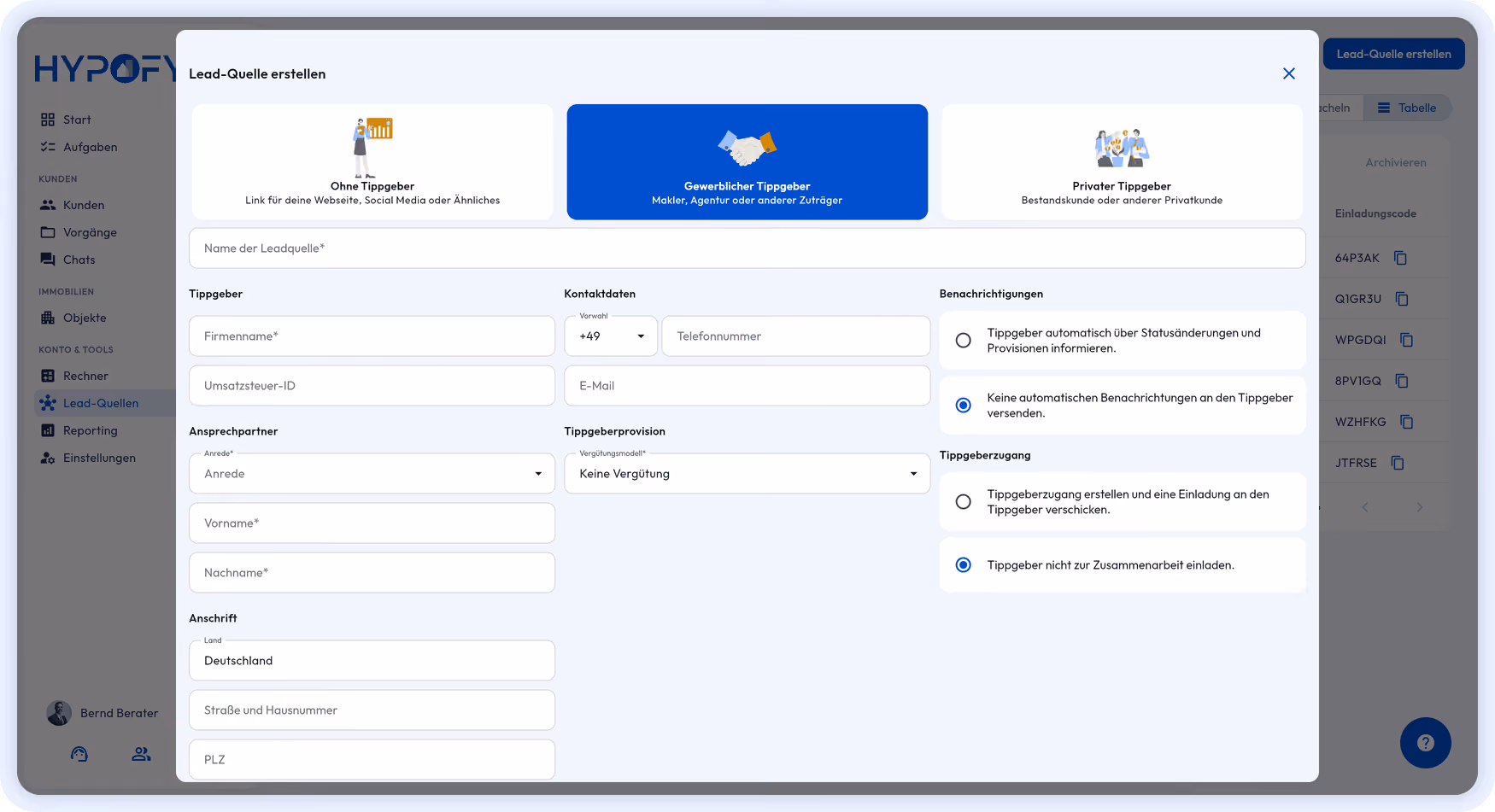 Tippgeber anlegen im HYPOFY CRM: Lead-Quelle mit Tippgeber-Typ, Vergütungsmodell und Portal-Zugang für HYPOFY Connect.