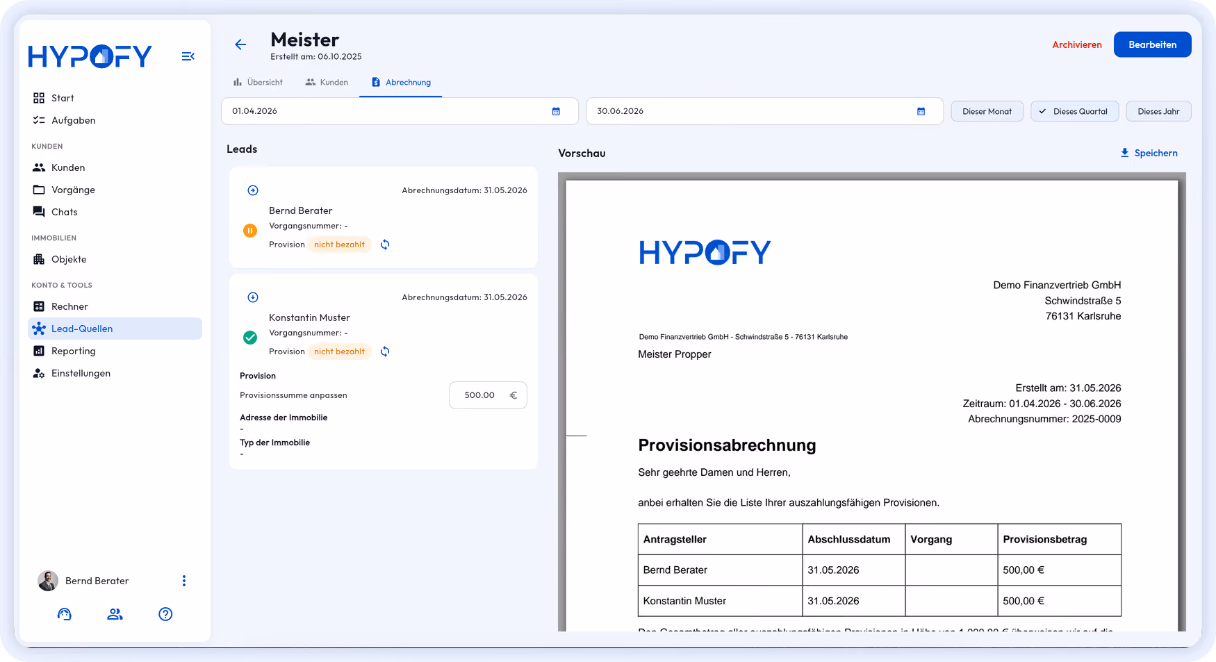 Provisionsabrechnung für Tippgeber im HYPOFY CRM: Abrechnungszeitraum, Leads mit Provisionsstatus und PDF-Vorschau.