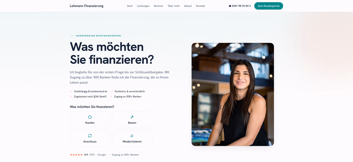 Business-Demo: mehrseitige Berater-Webseite mit Finanzierungs-Funnel „Was möchten Sie finanzieren?“