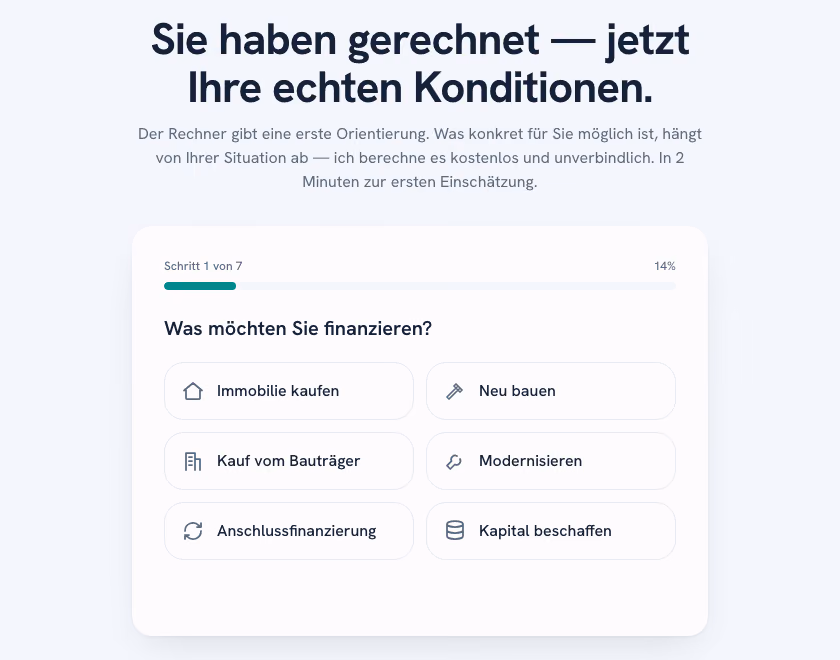 Finanzierungs-Funnel auf der Demo-Webseite, Schritt 1 von 7: „Was möchten Sie finanzieren?“ mit Auswahl von Immobilienkauf bis Kapitalbeschaffung