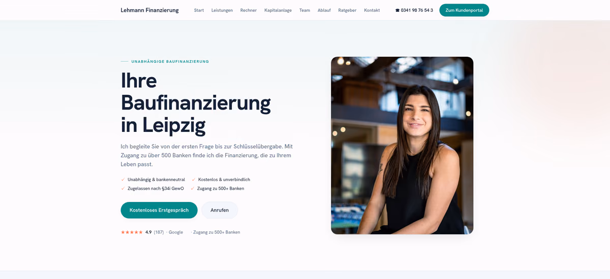 Premium-Demo: kompletter Webauftritt von Lehmann Finanzierung mit Team-Seite, Ratgeber und Kapitalanlage-Bereich