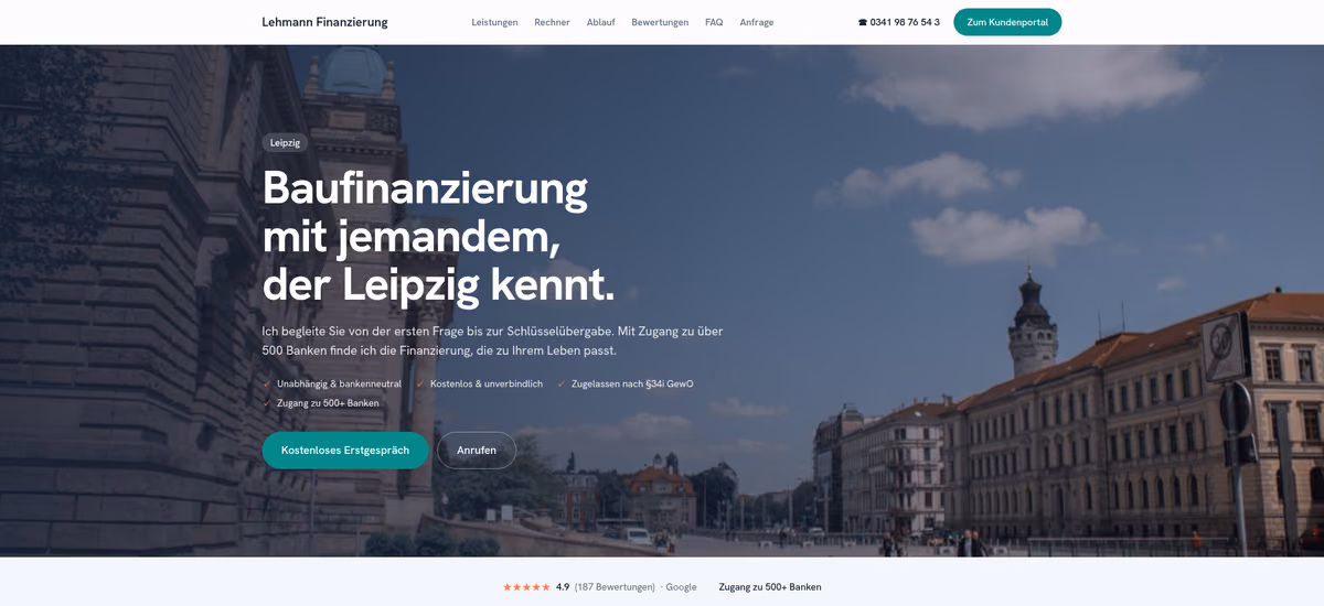 Starter-Demo: One-Pager der Musterfirma Lehmann Finanzierung mit Hero-Bereich, Bewertungen und Anfrage-Funnel