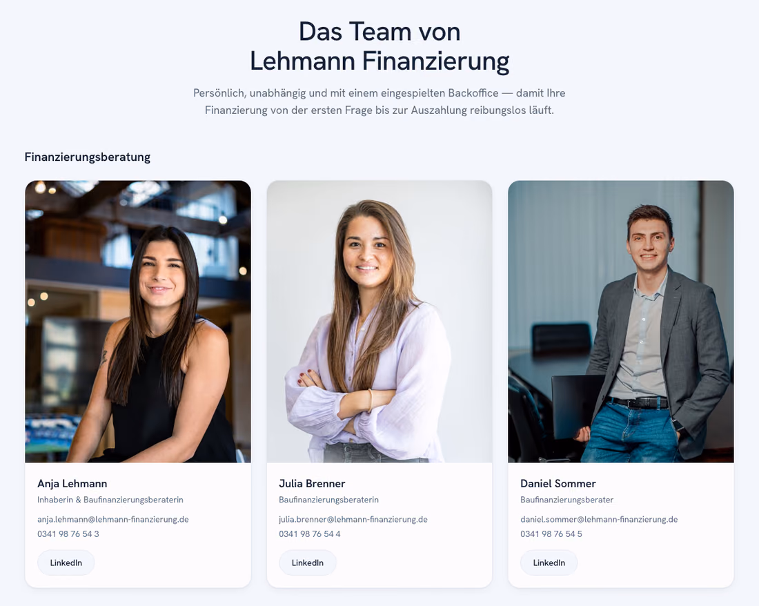Team-Seite der Premium-Demo im Branding von Lehmann Finanzierung: Beraterprofile mit Fotos, Kontaktdaten und LinkedIn-Buttons