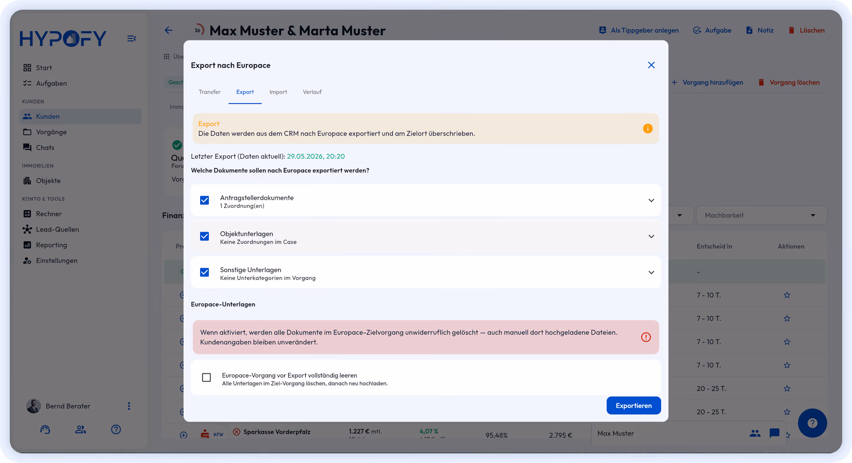 Europace-Synchronisation im HYPOFY CRM: Auswahl von Antragstellerdokumenten und Objektunterlagen für den Export.