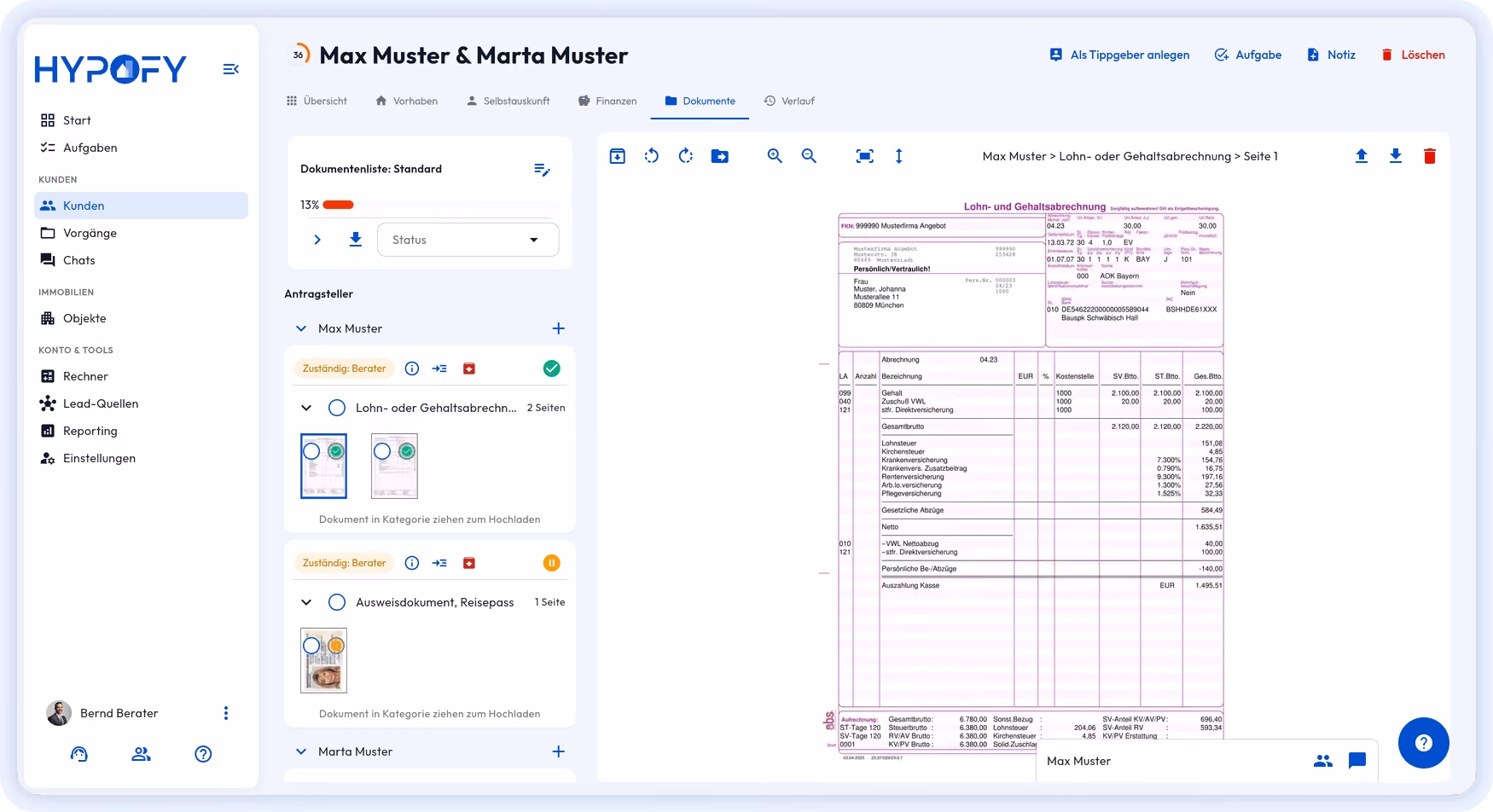 Dokumentencenter im HYPOFY CRM: Kundenakte mit Dokumentenliste, Fortschrittsanzeige, Ampelstatus und PDF-Vorschau einer Gehaltsabrechnung.