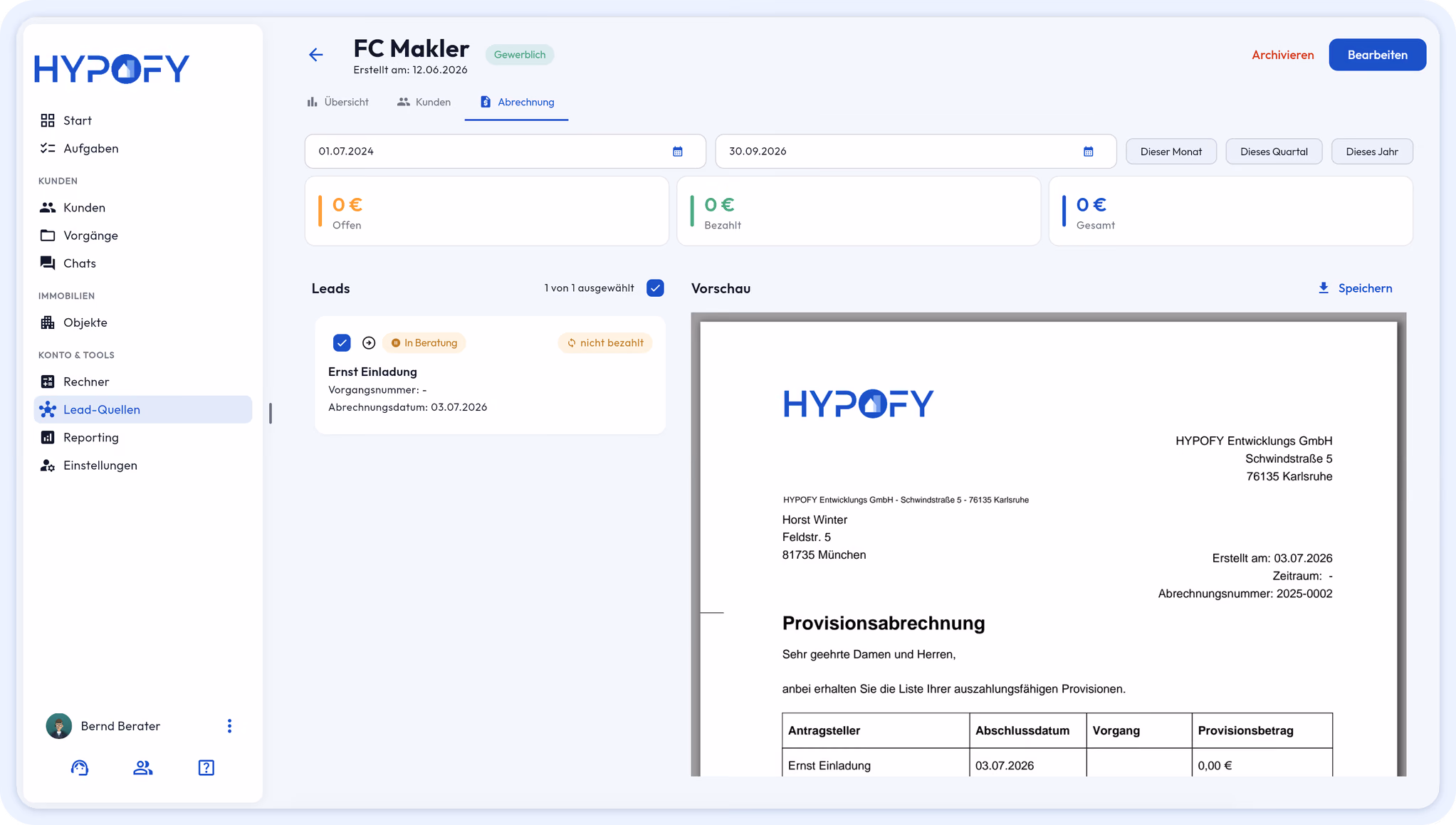 HYPOFY-Screenshot auf dem die Provisionsabrechnung mit einem Tippgeber bzw. Zubringer zu sehen ist. 