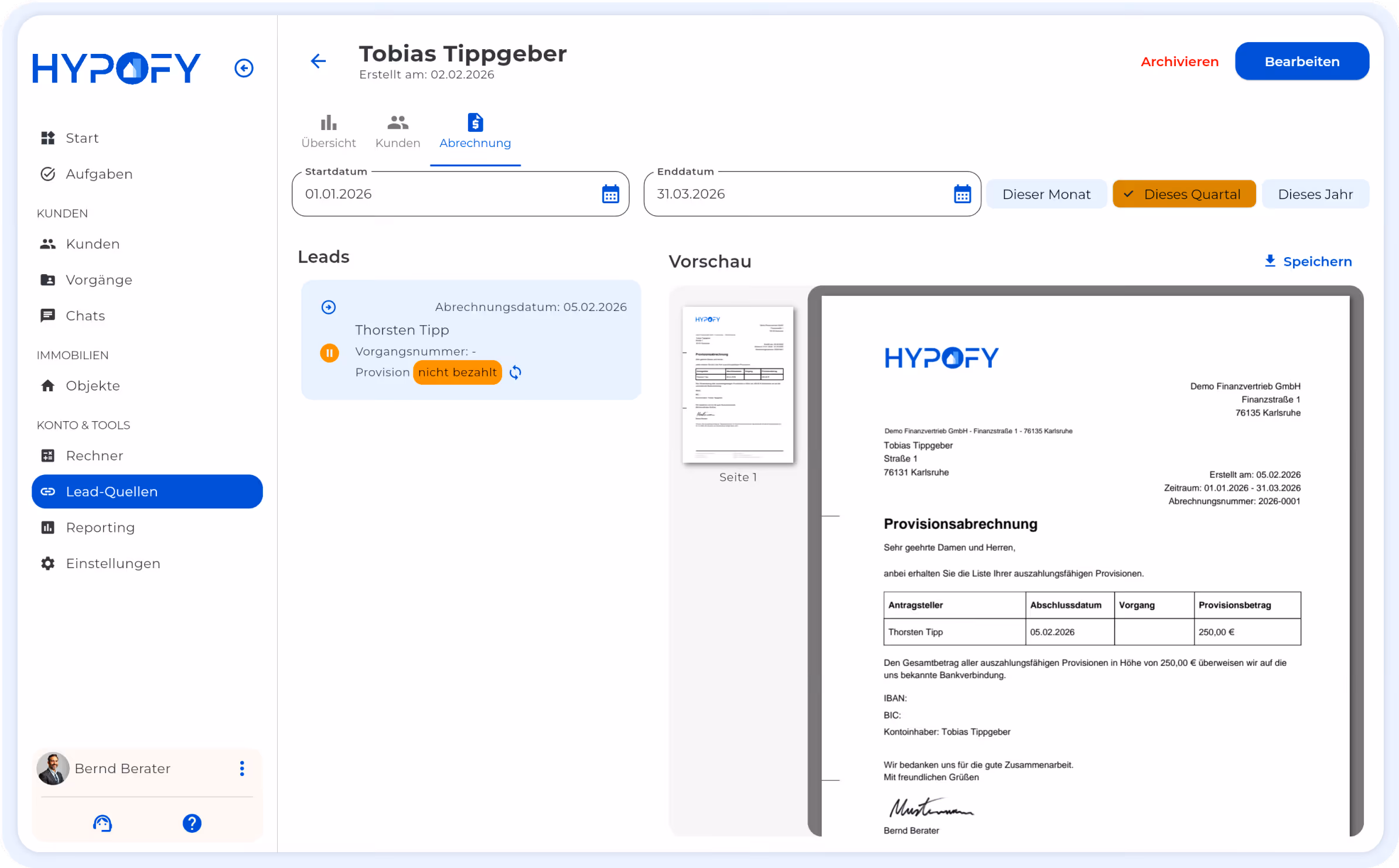 HYPOFY-Screenshot auf dem die Provisionsabrechnung mit einem Tippgeber bzw. Zubringer zu sehen ist. 