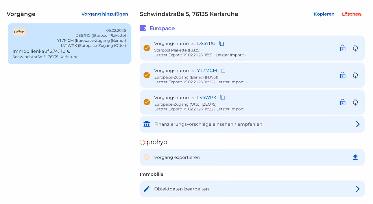 HYPOFY Screenshot welches die offenen Vorgänge eines Finanzberaters im CRM zeigt, in dem Fall einen Immobilienkauf.