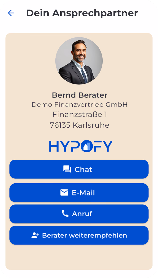 HYPOFY Screenshot welches die Kundenapp zeigt. Darauf zu sehen sind hier die Kontaktinformationen des Finanzberaters.