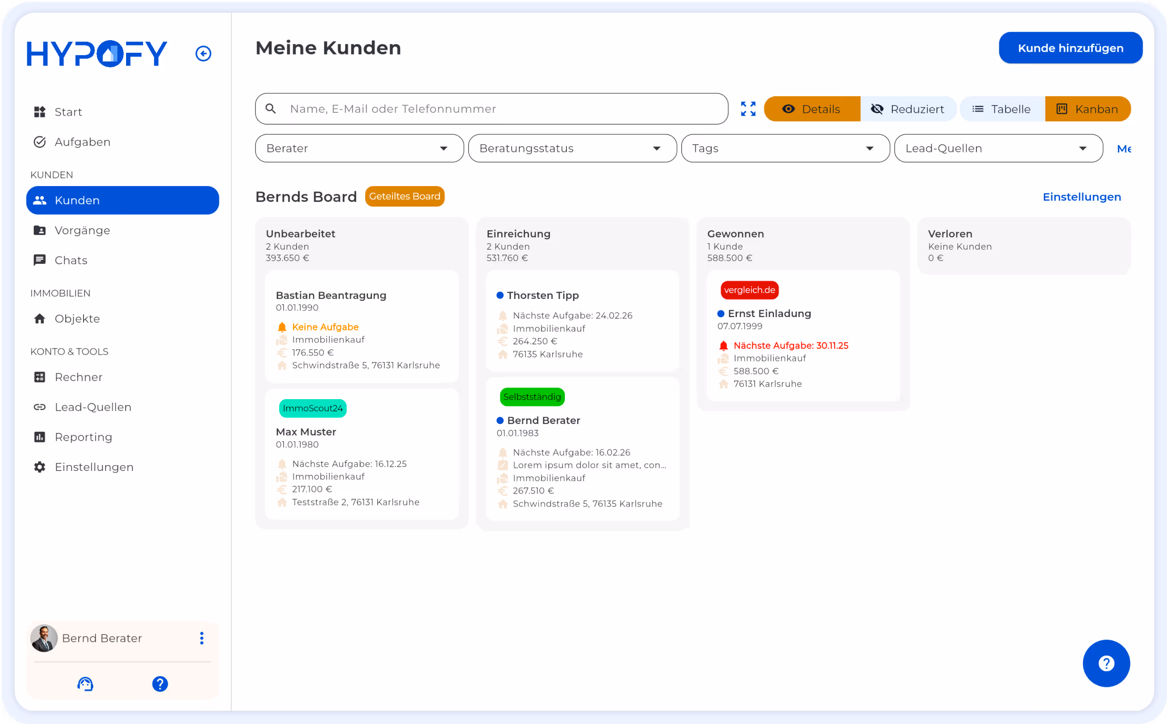 HYPOFY-Screenshot von der Kundenübersicht eines Finanzberaters. 