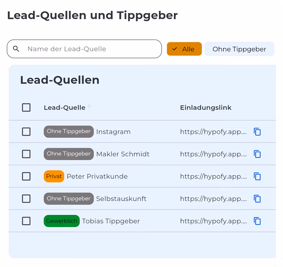 HYPOFY Screenshot welches die Lead-Quellen eines Finanzierungsberaters zeigt, wie z. B. Instagram, Privatperson oder gewerblicher Tippgeber / Immobilienmakler