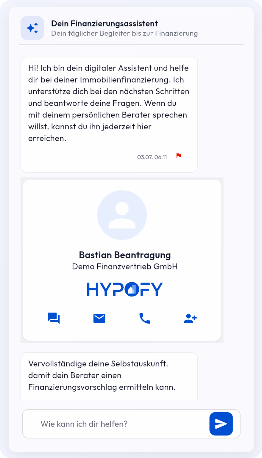 HYPOFY Kunden-App: Der KI-Assistent begrüßt den neuen Lead, stellt den Berater vor und startet die Selbstauskunft.