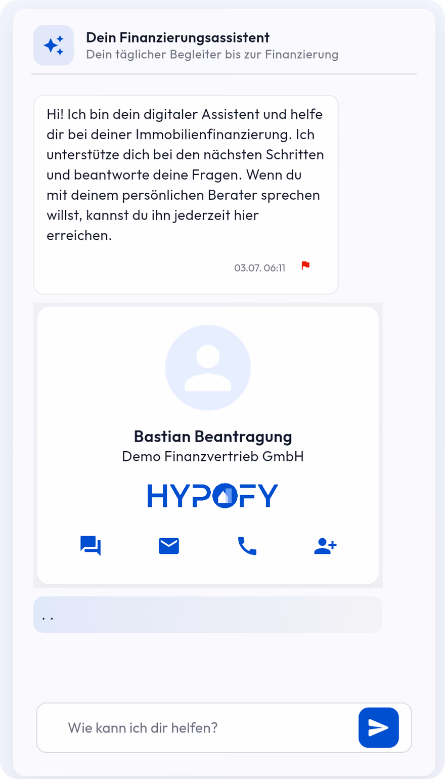 HYPOFY Kunden-App: Der KI-Assistent schreibt eine Nachricht an den neuen Lead.