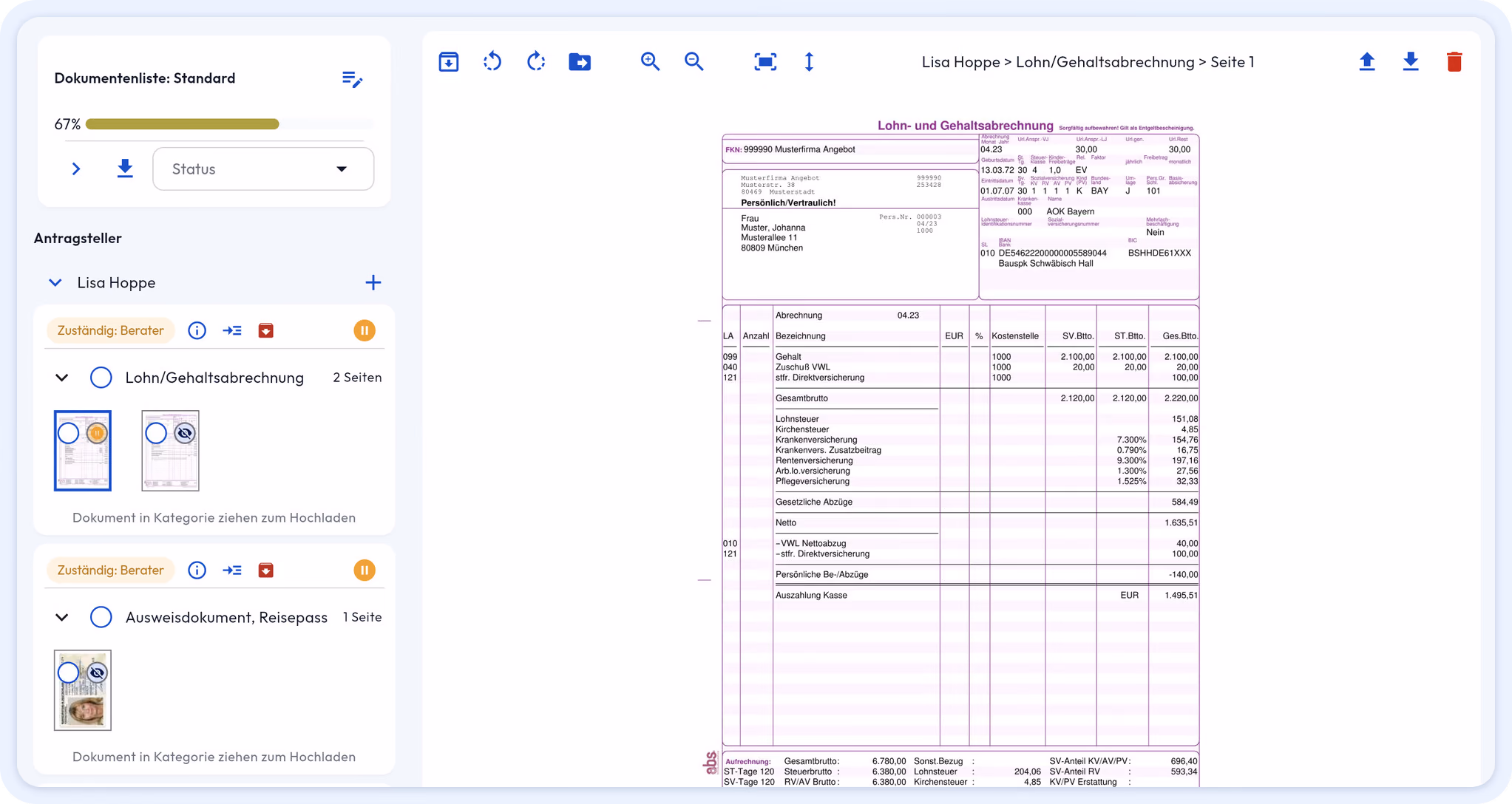 Dokumentenviewer im HYPOFY CRM mit automatisch kategorisierter und benannter Lohn- und Gehaltsabrechnung.