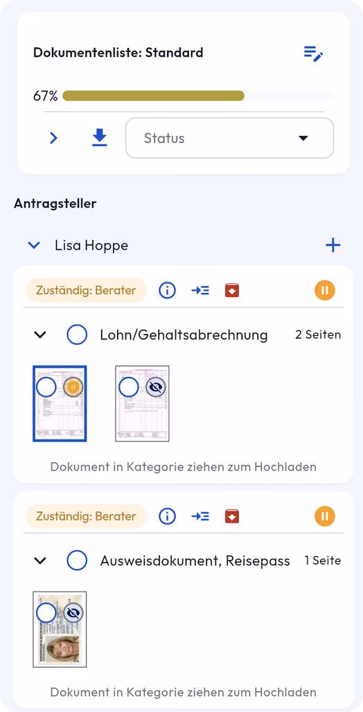 Dokumentenliste im HYPOFY Dokumentencenter: kategorisierte Unterlagen mit Vollständigkeitsanzeige.