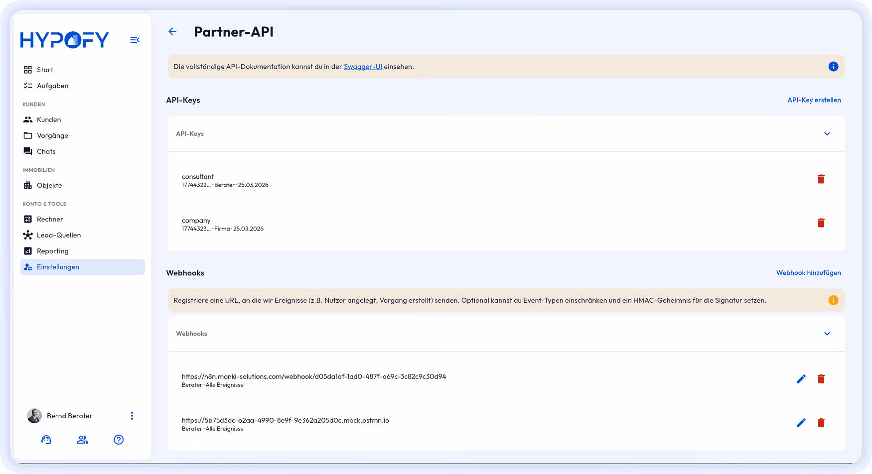 Partner-API-Einstellungen im HYPOFY CRM: API-Keys und Webhooks für automatisierte Lead-Übergabe.
