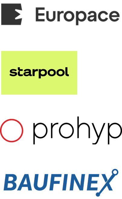 Logos der wichtigsten vier Finanzierungsplattformen Europace, Starpool, Prohyp und Baufinex. Über HYPOFY lassen sie sich alle leicht anbinden an den Berater-Account. 