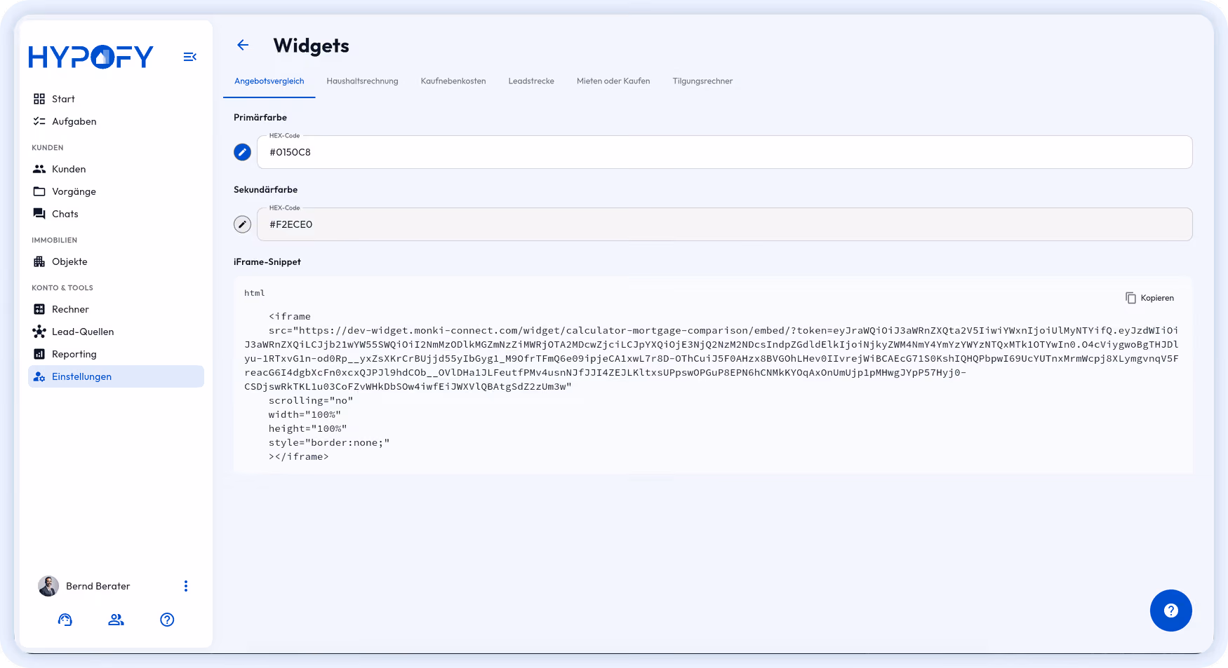 Widget-Einstellungen im HYPOFY CRM: iFrame-Snippets der Finanzierungsrechner zum Kopieren für die eigene Website.